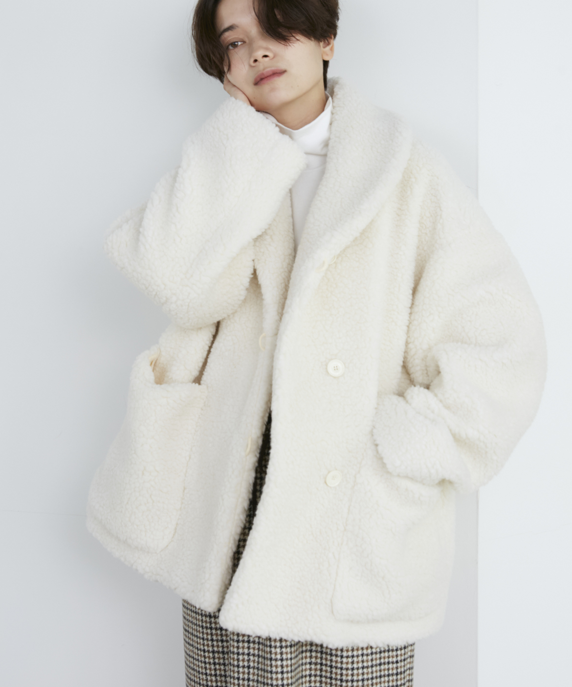 calee 14AW ダイヤ柄ショールカラーウールボアジャケット サイズM