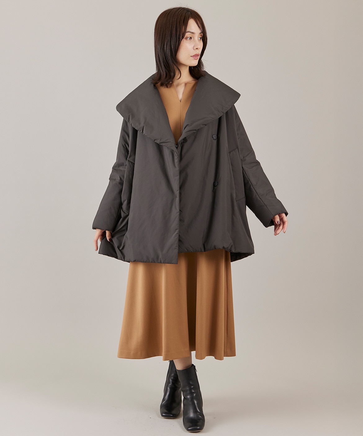 コットンベンタイルフードコート ショールカラーミドル丈中綿コート《LIMONTA EAST》｜INED（イネド