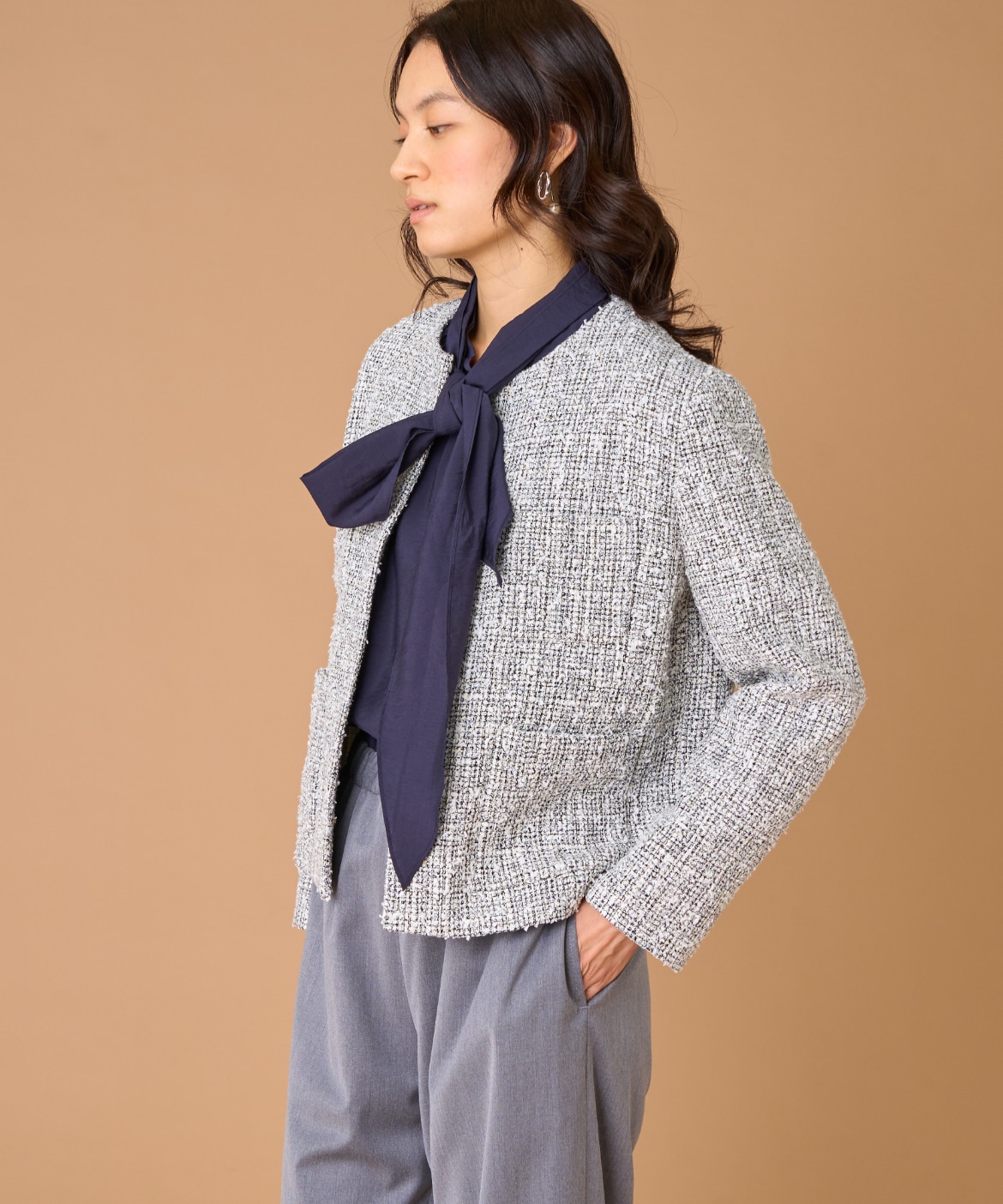 【ハンドメイド】タッセルジャケット ツイードノーカラージャケット｜7-IDconcept.（セブンアイディ